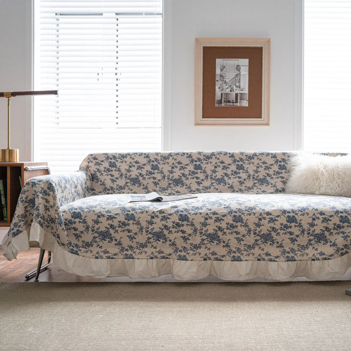 couverture canapé coton lin vintage motif floral beige bleu opacité extérieur accueil automatique lavage