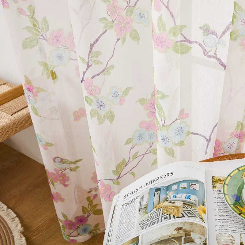 rideaux décoratifs floral blanc rose vert bleu polyester translucides tringle