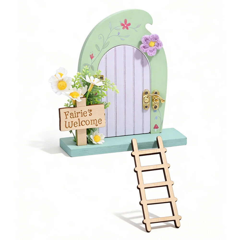 porte fée miniature escalier fleurs crochet plaque bienvenue fées décor bois fleuri vintage chambre