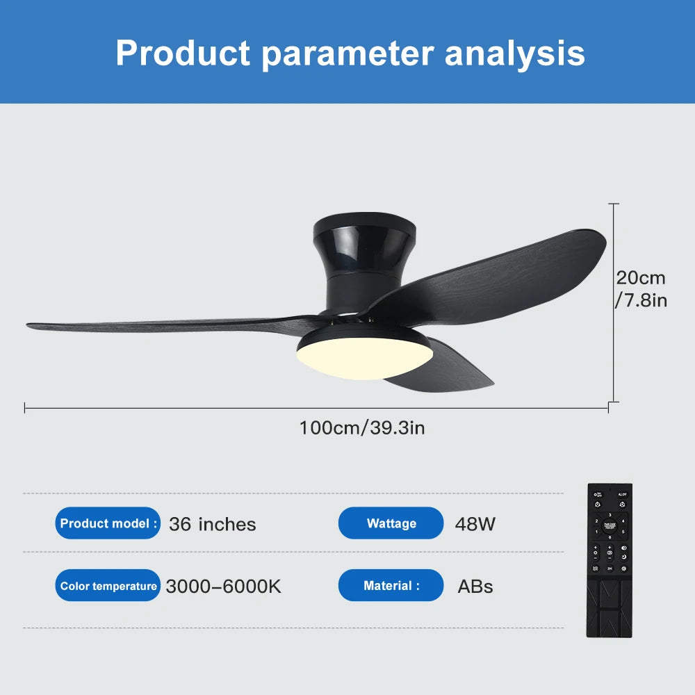 ventilateur moderne blanc bois clair noir lampe intégrée télécommande lames bois naturel finition mate
