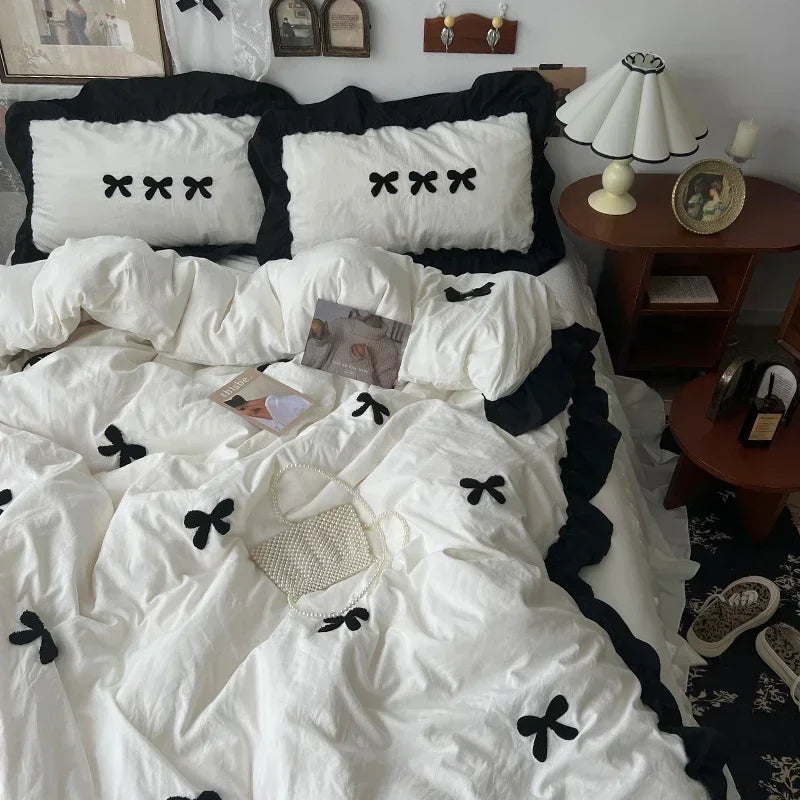ensemble literie housse couverture taies nœuds noirs volants blancs filles doux