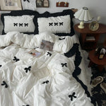 ensemble literie housse couverture taies nœuds noirs volants blancs filles doux