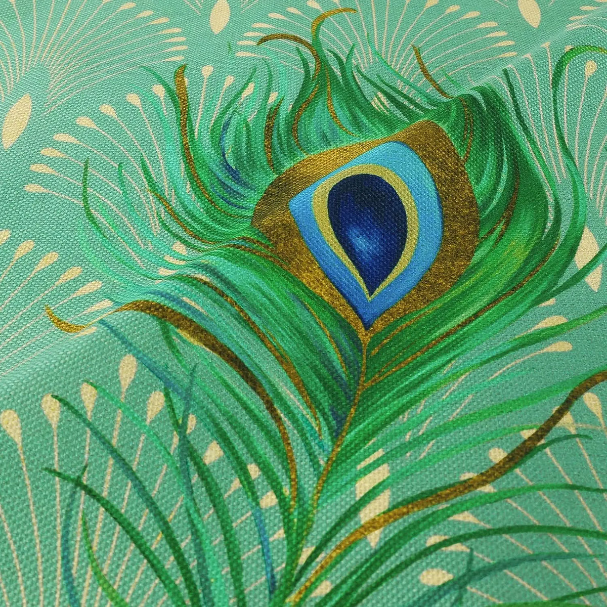 taie d'oreiller lin imprimé plumes paon moderne bleu vert doré coussin carré fixé