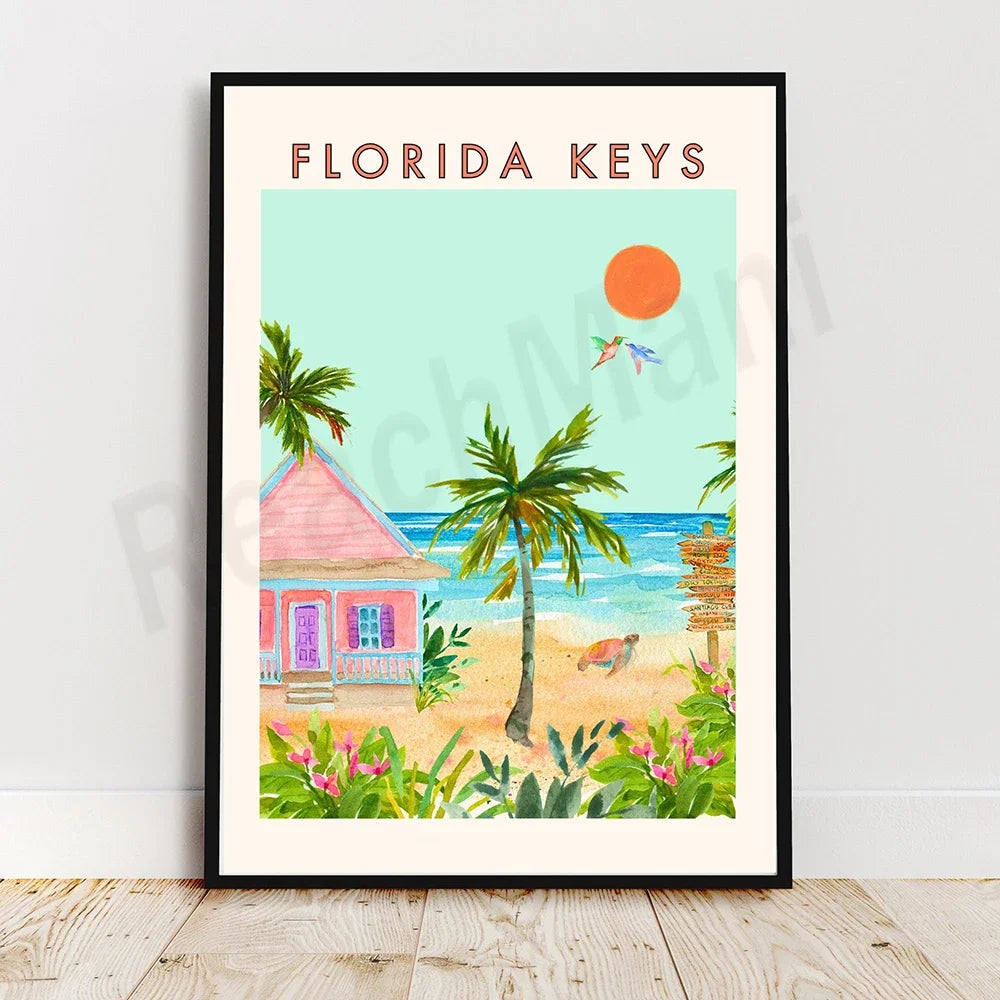 Une scène de détente sur les îles des Keys de Floride, avec une maison rose aux accents pastel, des palmiers balançant sous le soleil et des fleurs tropicales colorées.