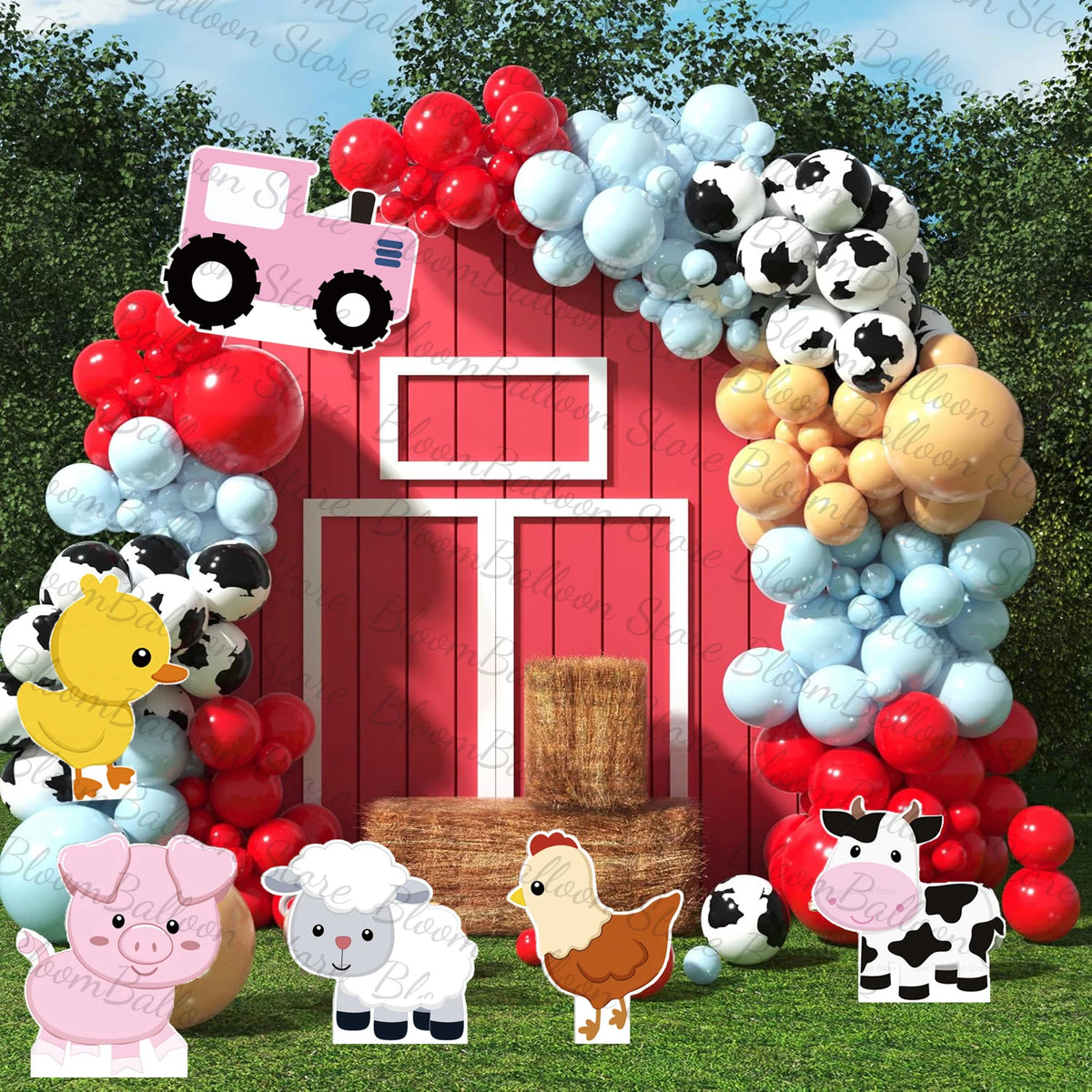 décorations fête animaux ferme porc poulet cheval vache mouton carton mousse rouge blanc bleu