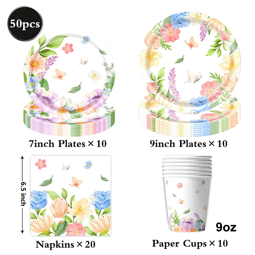 décoration fête anniversaire enfants guirlande happy birthday assiettes serviettes gâteau tasses bonbons floral papillons