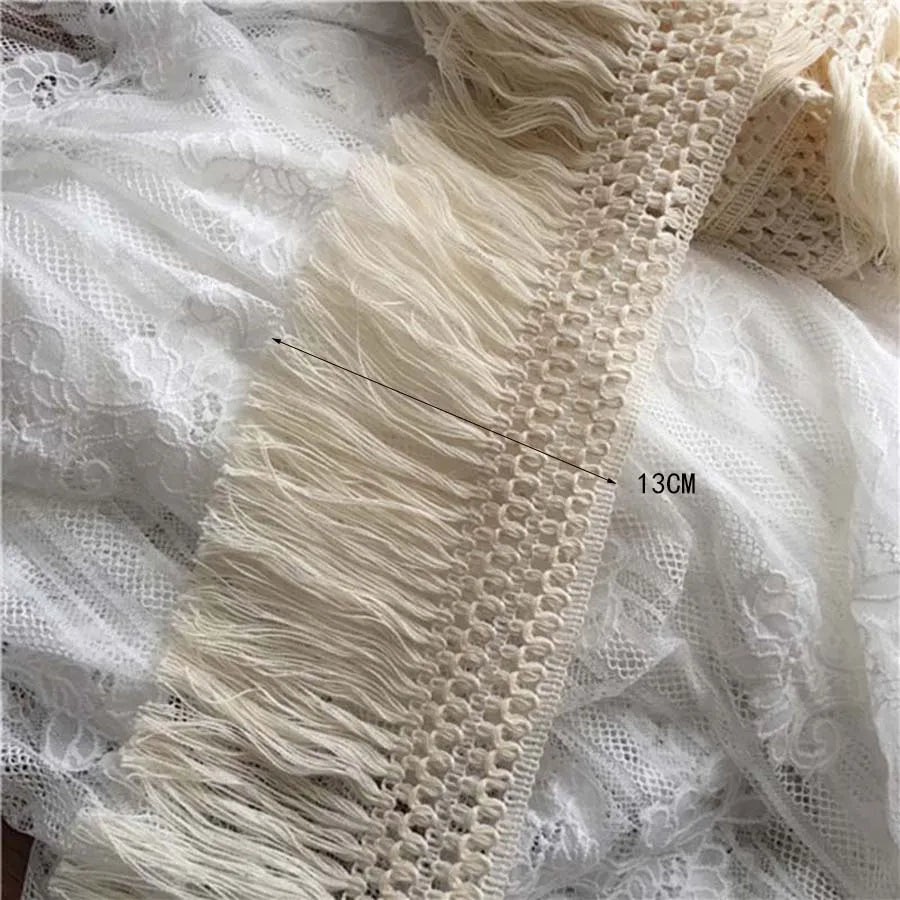 ruban franges dentelle coton polyester blanc crème motif géométrique 8cm largeur decoratif solvable ecologique
