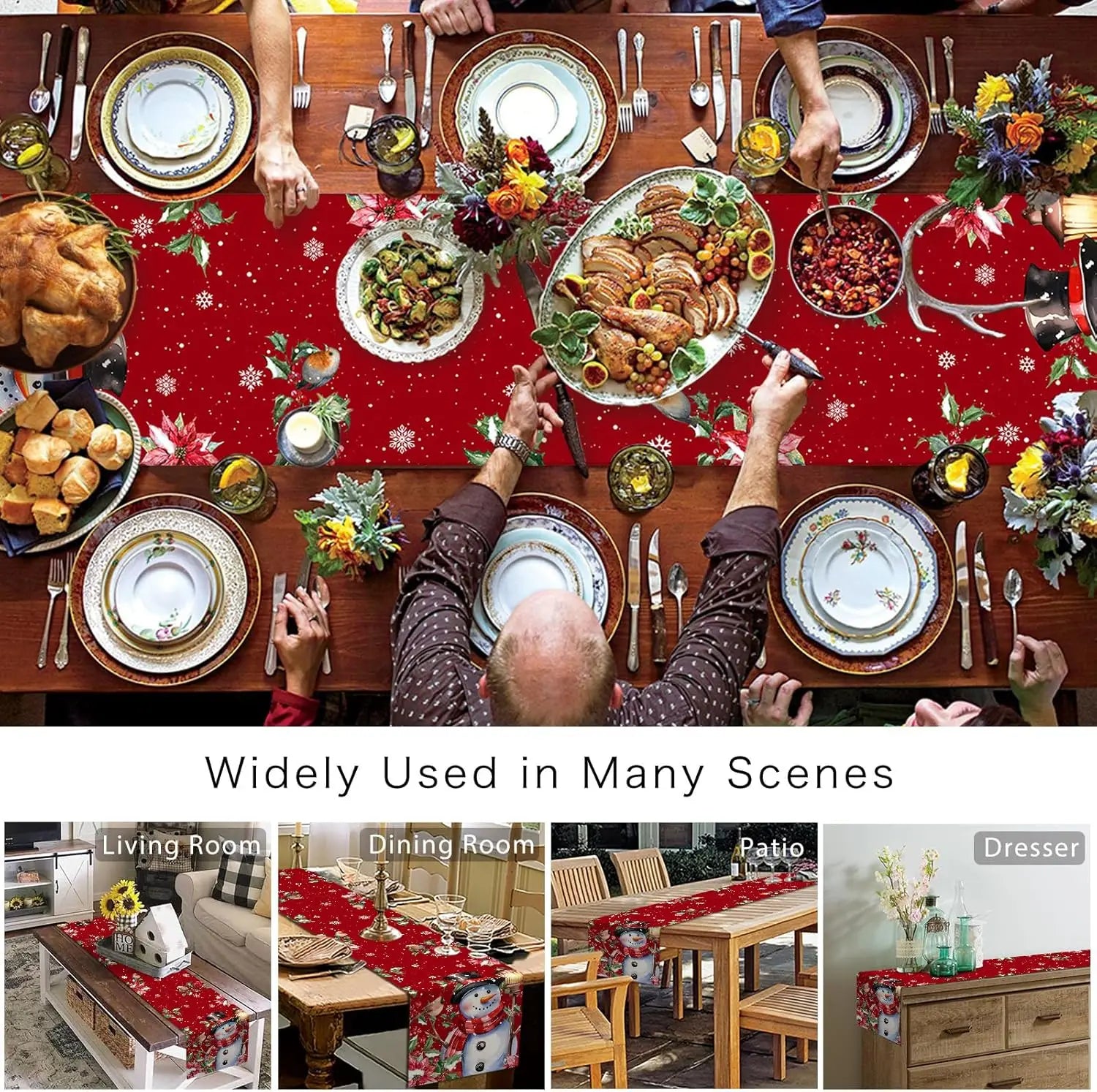 La table festive regorge de plats savoureux, de décorations chaleureuses et de convives autour d'un repas partagé, créant une ambiance accueillante pour de nombreuses scènes de la vie quotidienne.