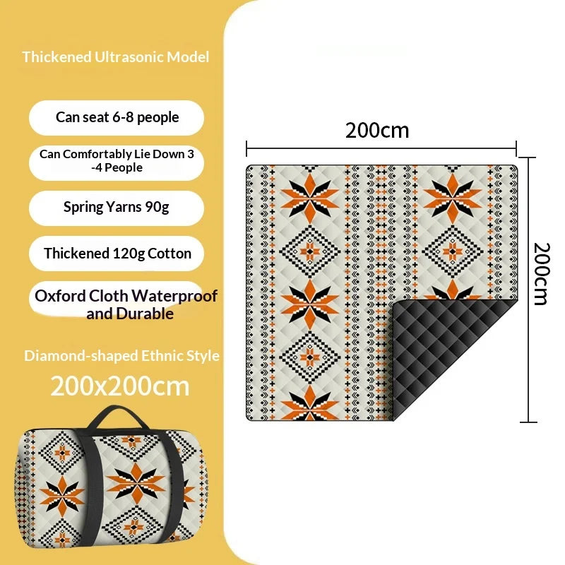 tapis pique nique pliable imperméable motif ethnique sac transport couleur beige orange bleu rouge