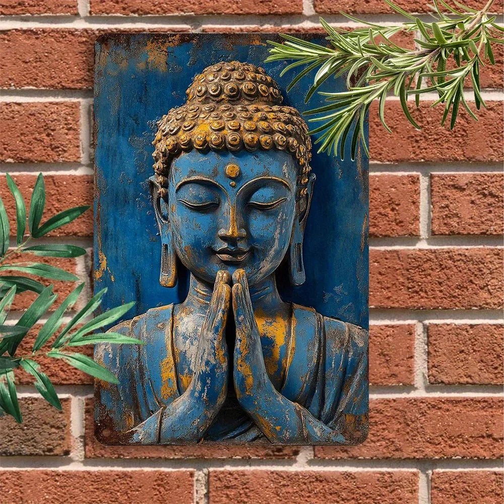 décoration murale plaque spirituelle bouddha bleu jaune relief vieilli fixations incluses vintage