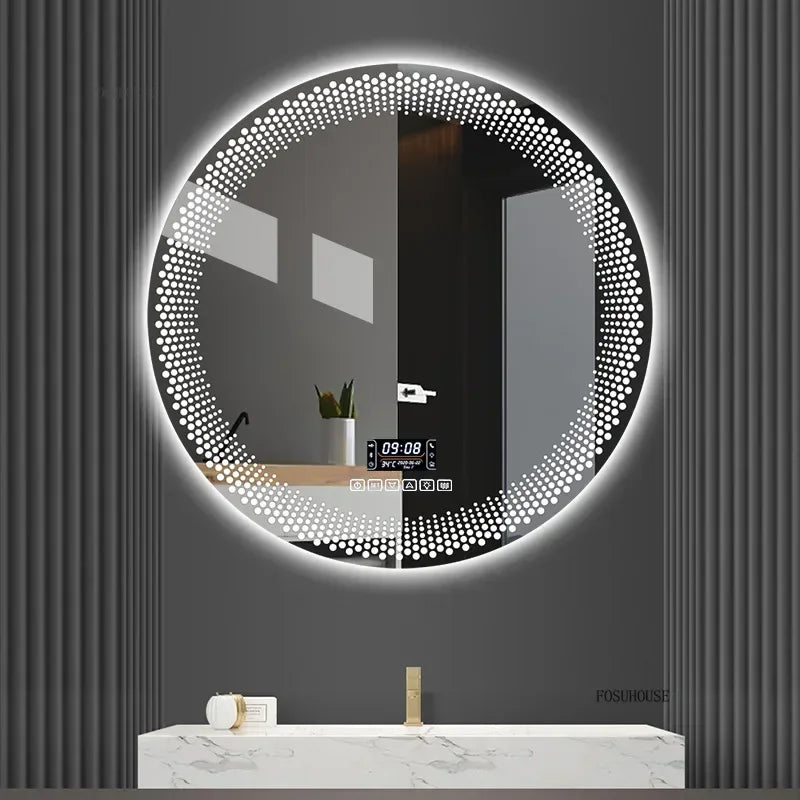 Miroir de salle de bain rond dans une décoration intérieure élégante