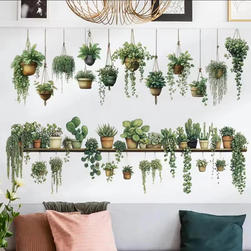 stickers muraux aquarelle plante pot cactus succulente oiseau papillon étagère bois nature bohème chambre