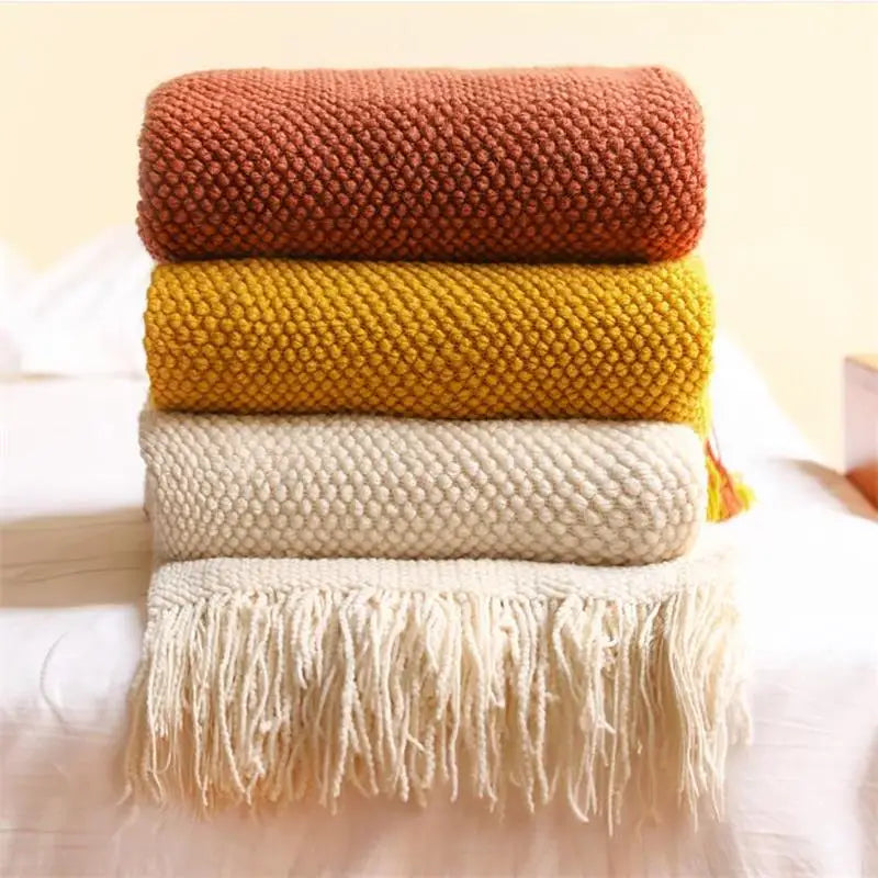 couverture tricotée marron jaune blanc acrylique franges literie voyage opaquement simple