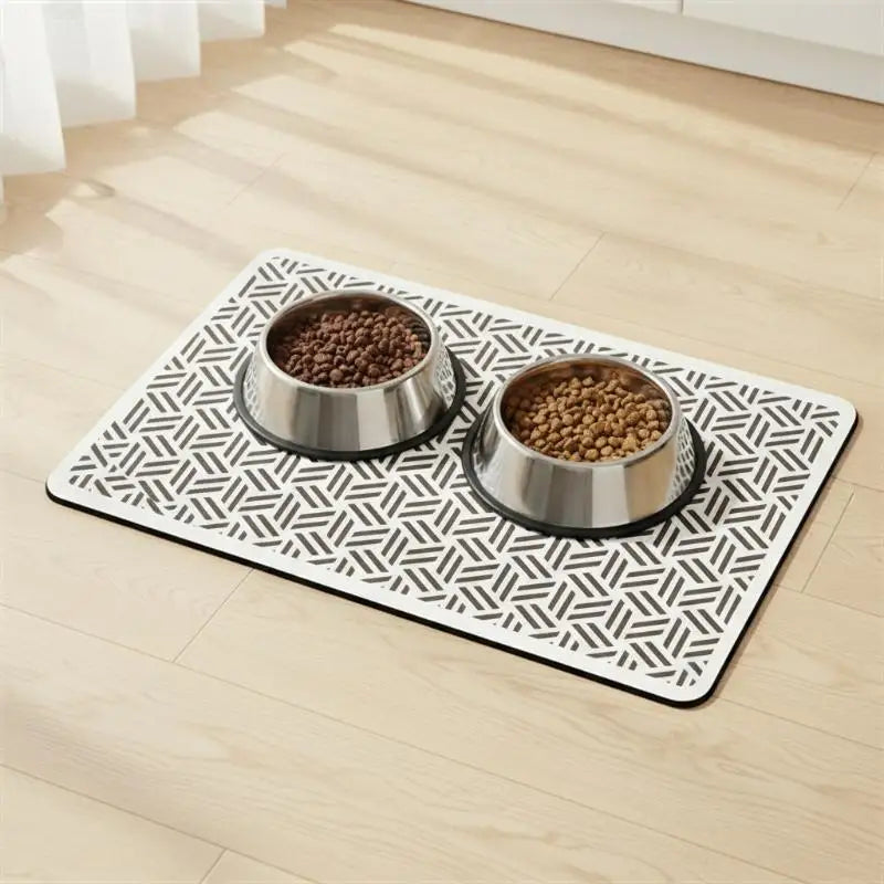 tapis nourrir animal blanc gris motif géométrique moderne anti dérapant deux bols métal