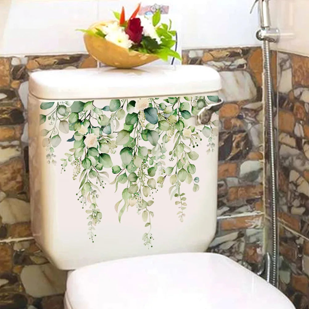 autocollant mural plante verte fleur décoration moderne salle bain toilette adhésif pvc résistant eau