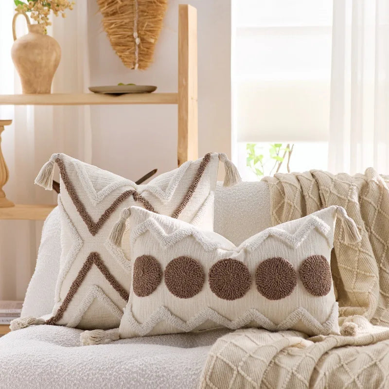 taies d'oreiller géométriques boho chic tassel beige coton polyester 45x45cm