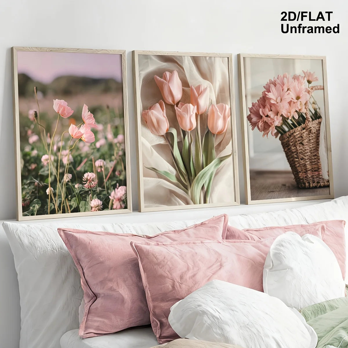 affiches imprimées tulipes roses fleurs sauvages minimaliste naturelle cadre boisintérieur decoration printemps floral