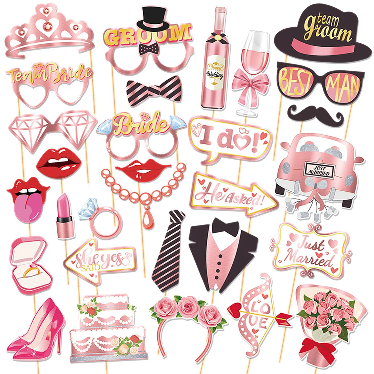 accessoires photo mariage carton bâtonnets alliances robes mariée costumes chapeaux lunettes coeurs champagne gâteaux