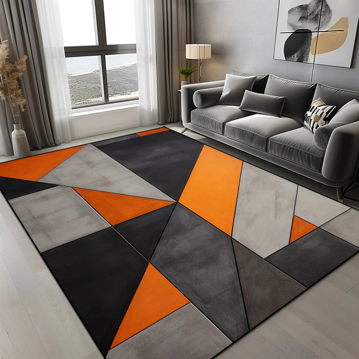 tapis géométrique moderne noir gris orange antidérapant facile nettoyer triangles cercle salon chambre