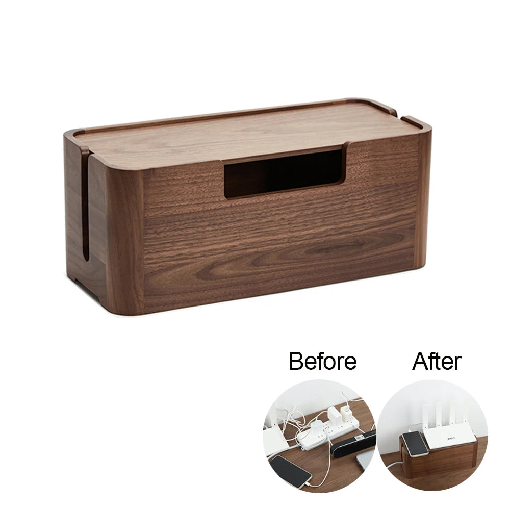 boîte rangement câbles chargeurs bois marron texture naturelle minimaliste poignées smartphone powerbank