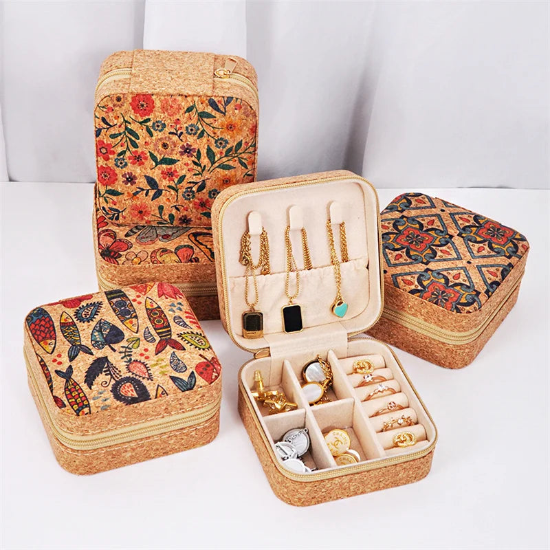 boîtes bijoux vintage zippées boho chic velours imprimé floral beige multifonctionnel porte bijoux travel