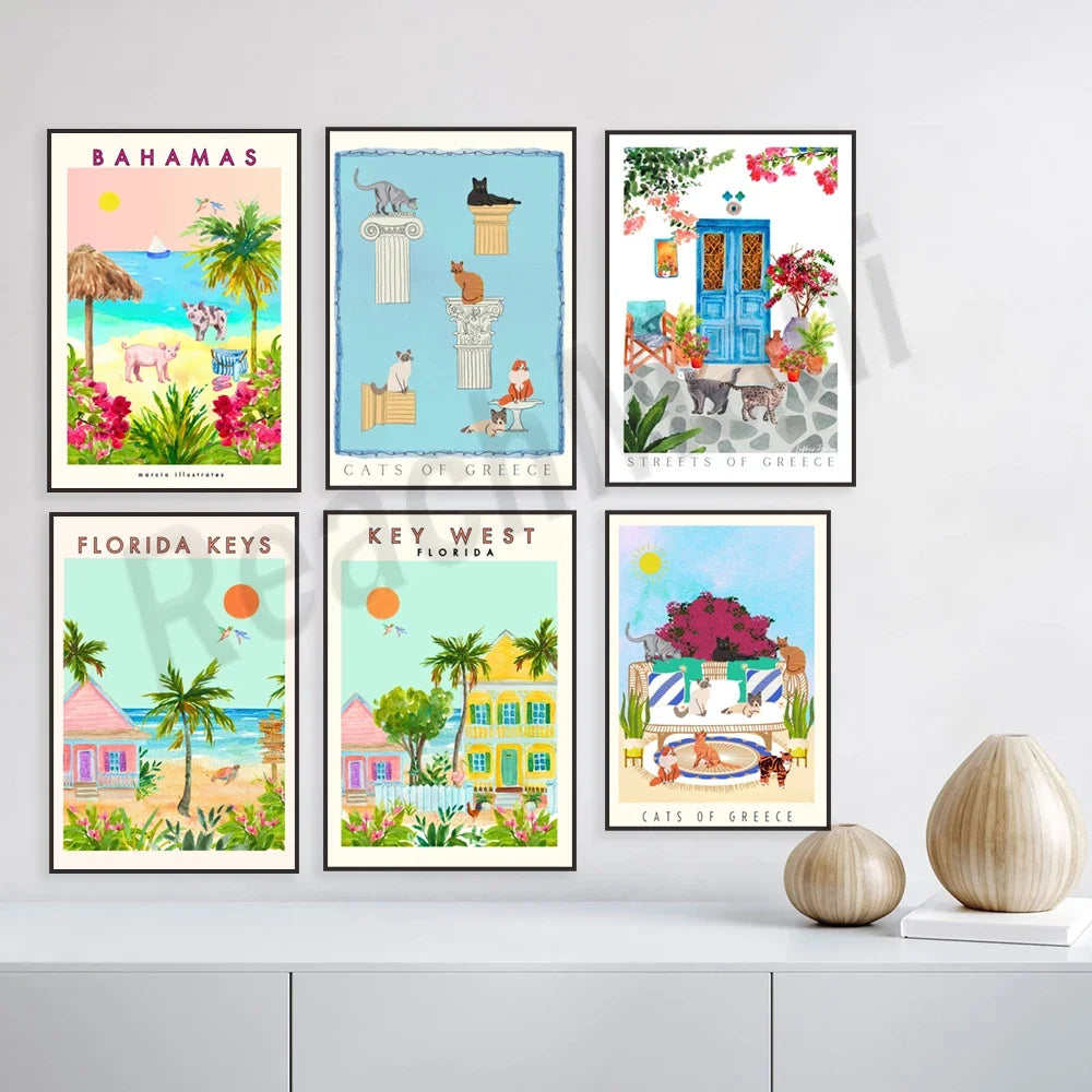 Cette image montre une collection de six affiches illustrées représentant différentes destinations tropicales comme les Bahamas, la Floride Keys et Key West, ainsi que des scènes de rues et de chats en Grèce, dans un style coloré et estival.
