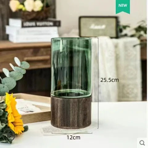 vase verre transparent moderne base bois décoration intérieure minimaliste table salon