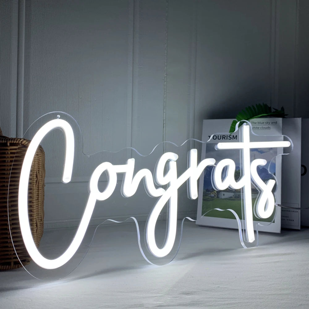néon lumineux blanc congratulations moderne transparent chaîne câble électrique 76x28cm