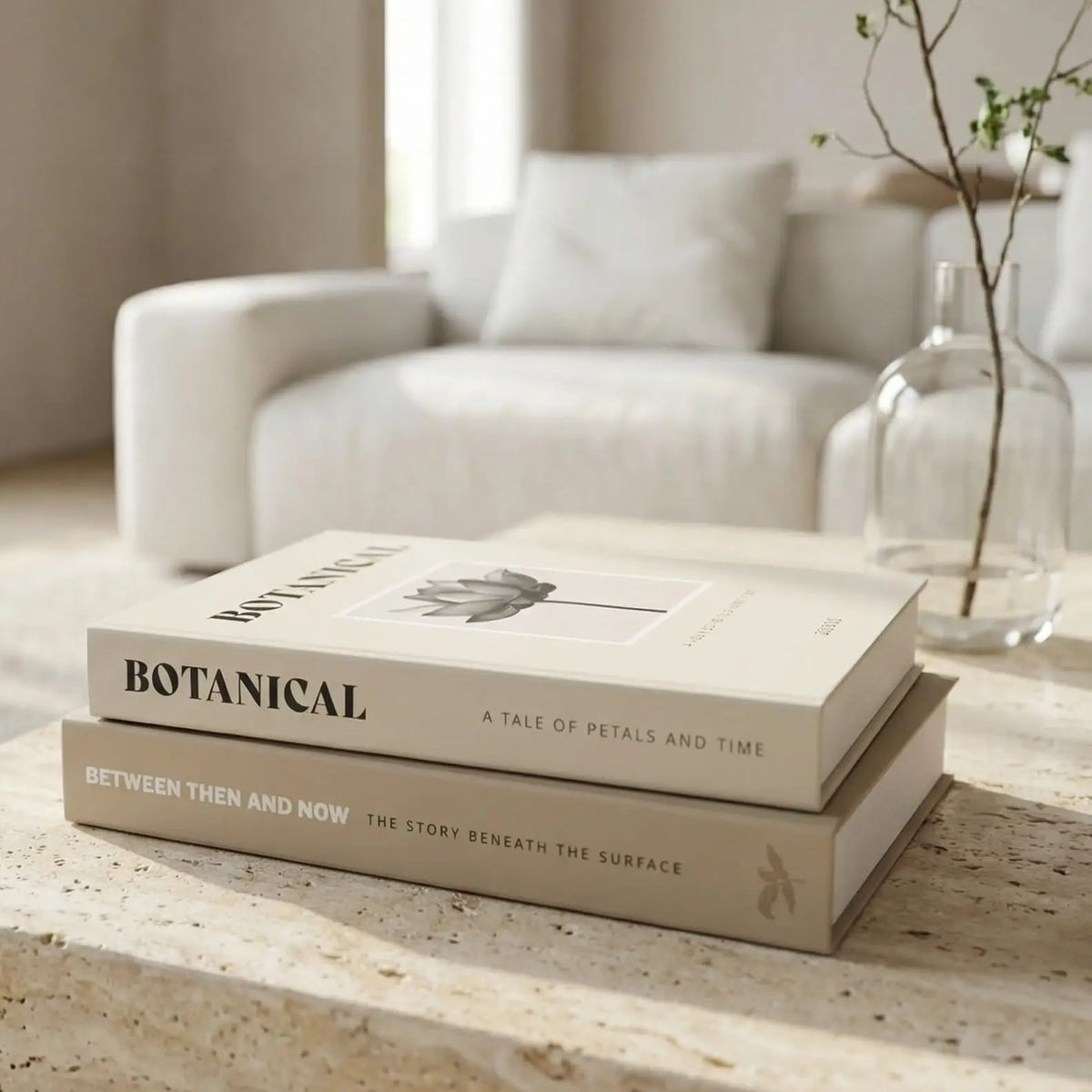 décor maison livres faux minimaliste beige lisse moderne élégant salon contemporain subtiles impressions graphiques