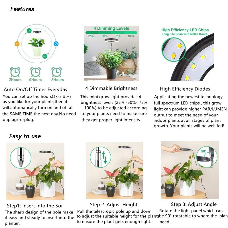 lampe led plante noire blanche réglable hauteur bouton variateur moderne minimaliste piquet câble usb