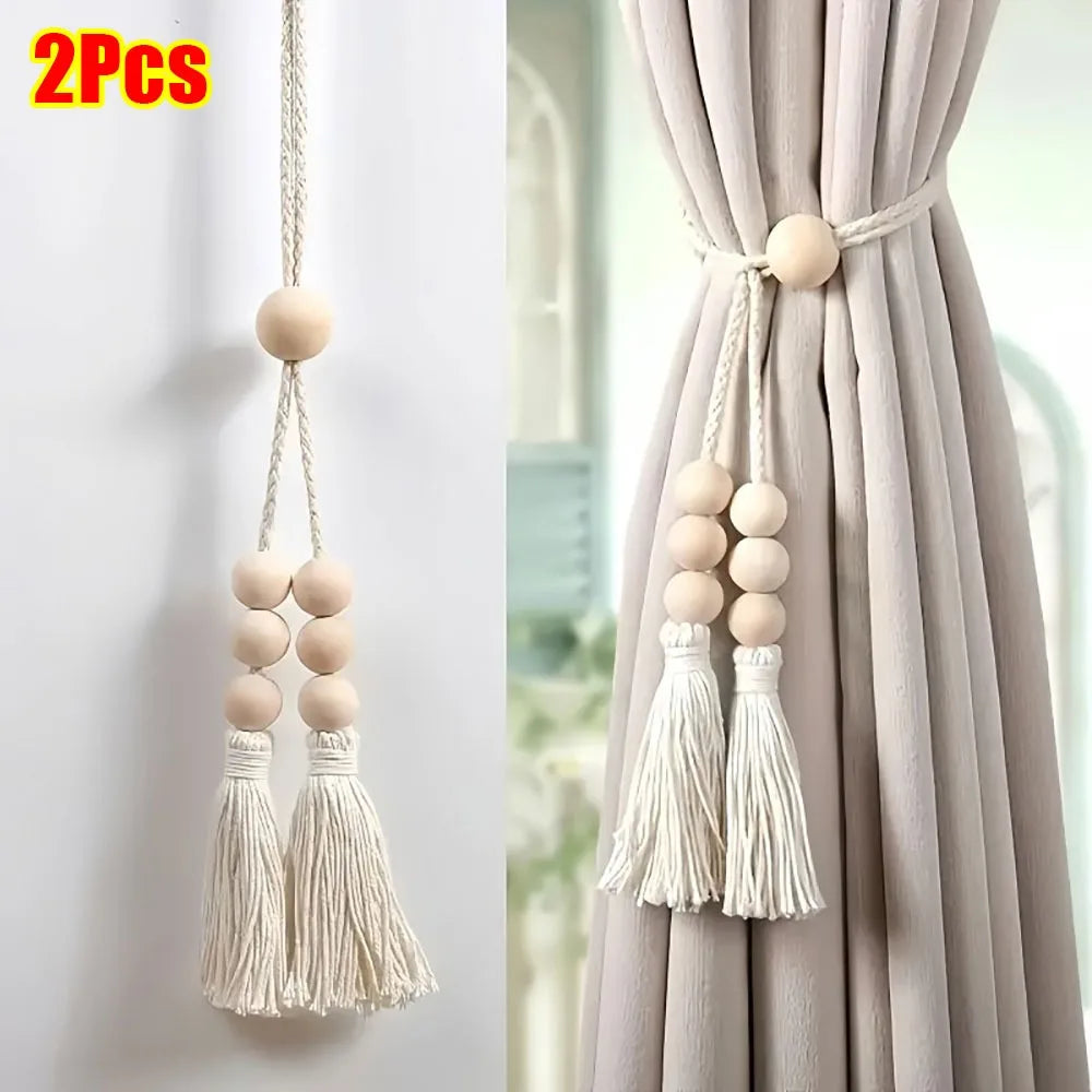 rubans rideau boho chic pompons bois beige clair inclusion accessoires fenêtre modernehôtel