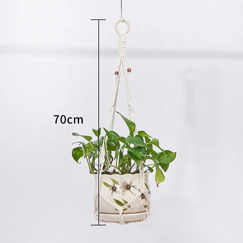 support plante suspendue macramé boho rotin blanc sculpté main decoration maison balcon jardin anneau