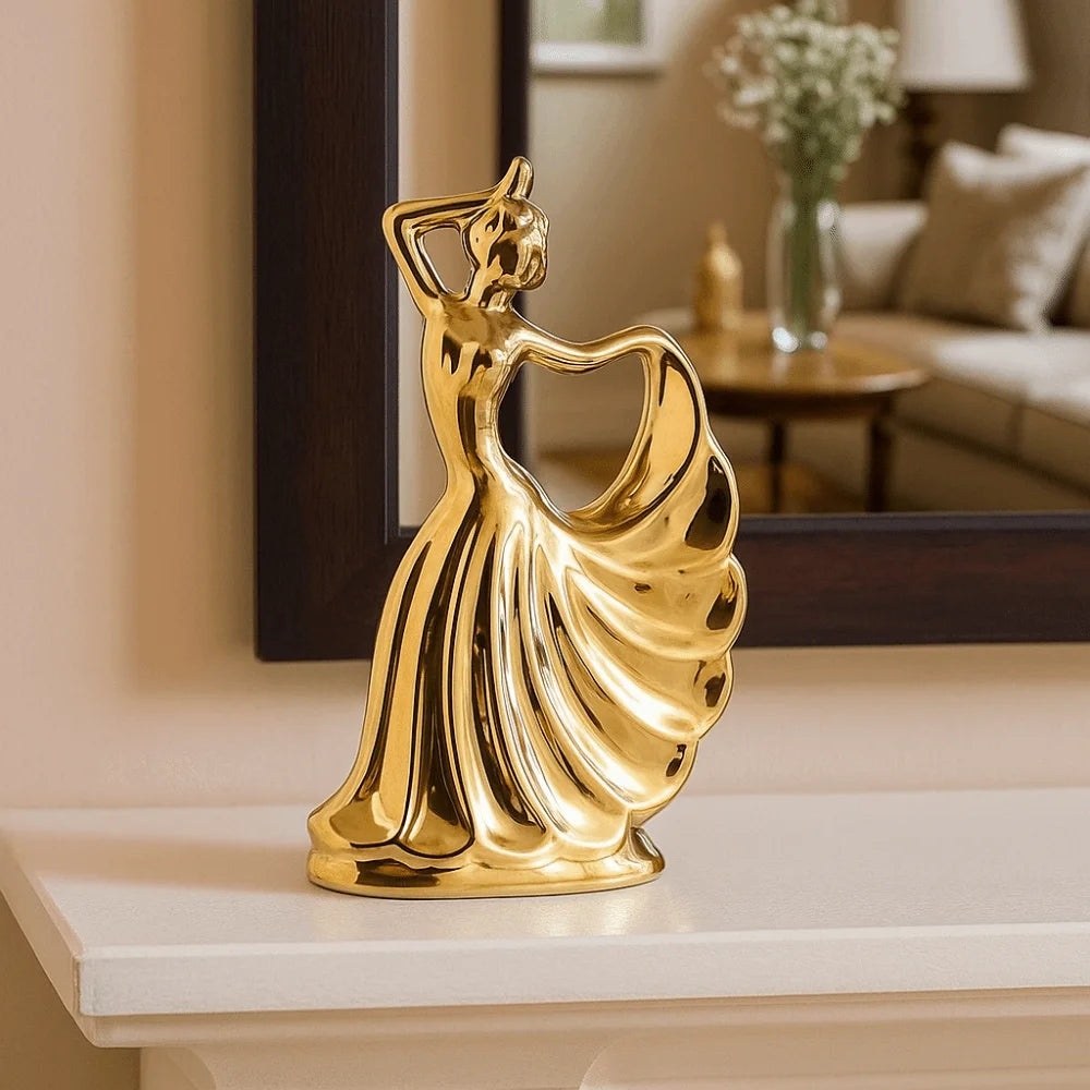 statue décorative femme dansante or argenté céramique email finition polie moderne élégante intérieur 22cm