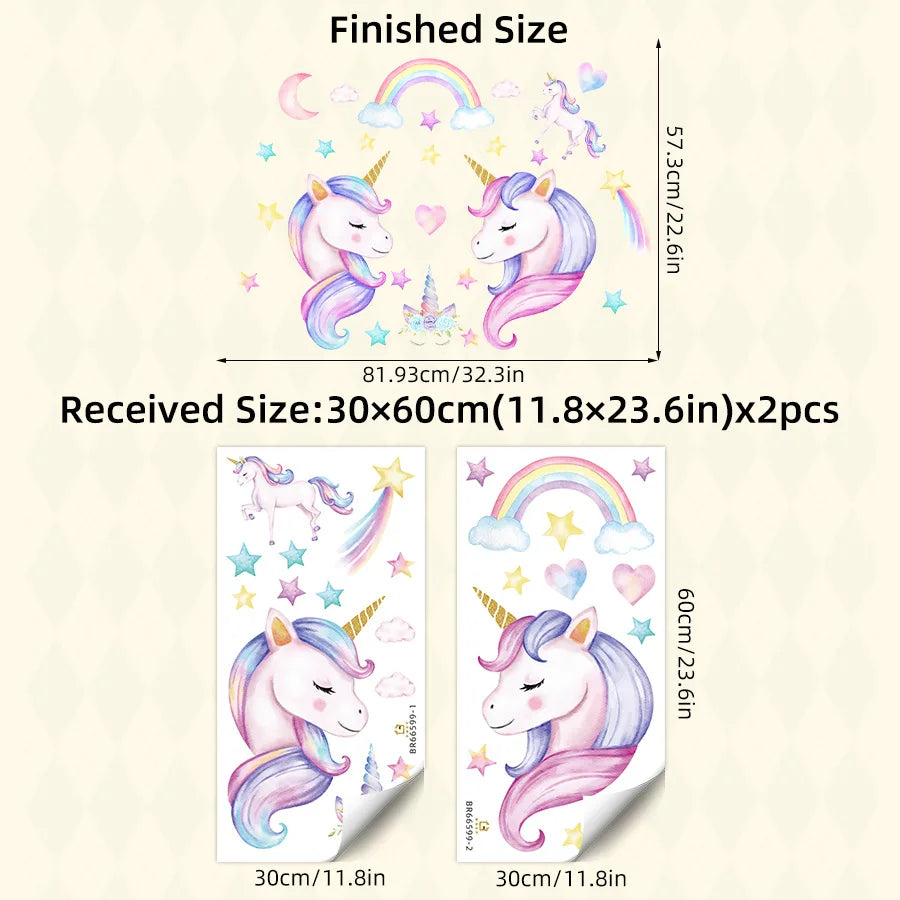 sticker mural licorne arc ciel enfant aquarelle chambre décoration nuages étoiles lunes fleurs fantaisie