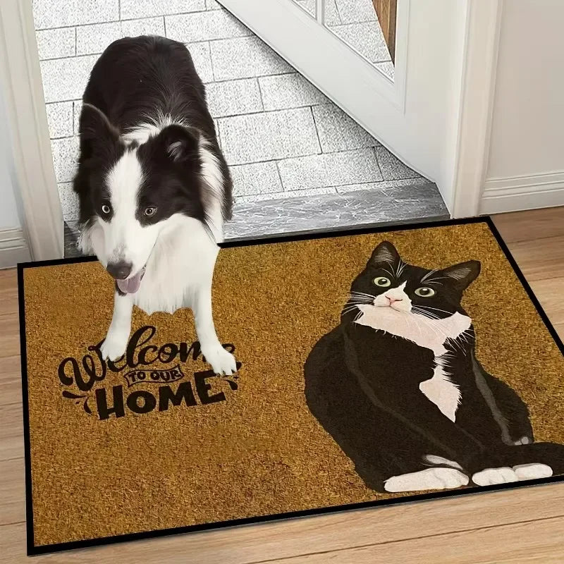 tapis entrée moderne imprimé chat texturé beige noir blanc 40x60cm imperméable