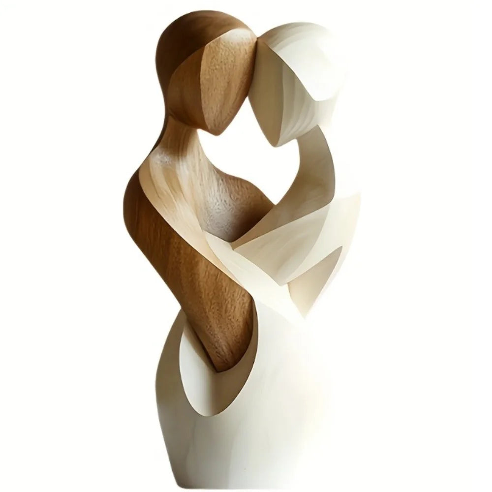 statue décorative couple enlacé bois marron clair moderne minimaliste 20cm hauteur 18cm largeur lignes