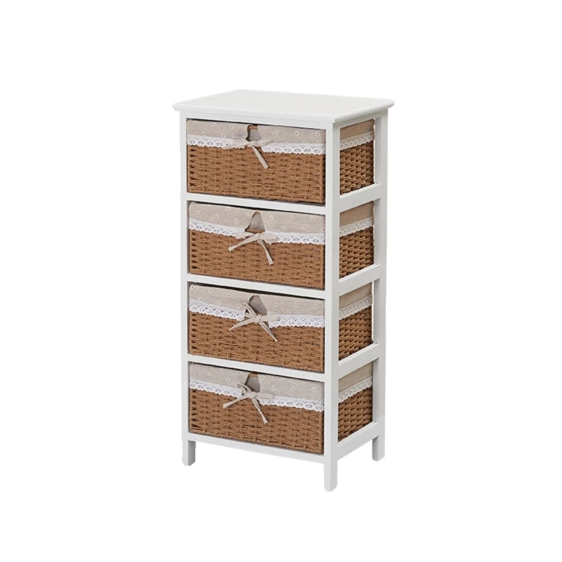 meuble tiroirs blanc rustique paniers osier tissu beige vintage chambre coucher minimaliste moderne