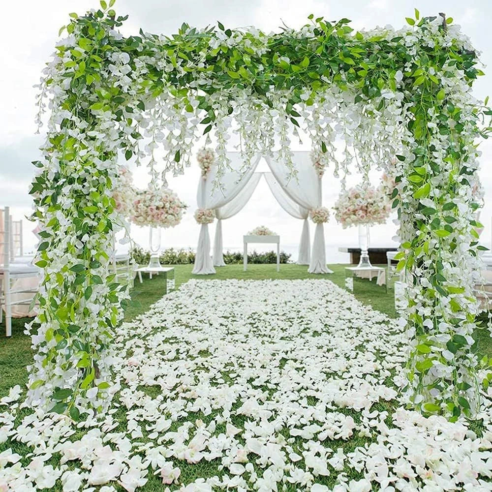 Guirlande fleurs artificielles hortensia vert blanc rose violet mariage intérieur