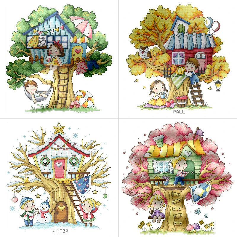 toile broderie maison arbre personnages décorations saisonnières oiseaux papillons champignons balançoire hamac noël guirlandes