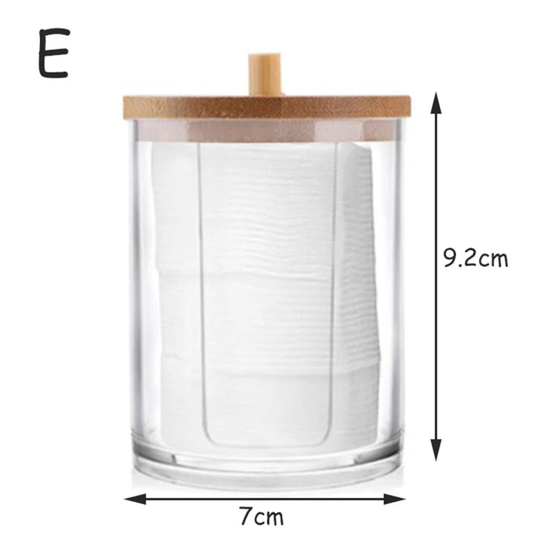 boîtes rangement cosmétiques transparentes couvercle bois moderne coton tige lingettes pinceaux rouges lèvres