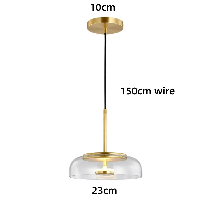 Lampes suspendues modernes transparent doré noir gris abatjour transparent rosace dorée câble suspension LED