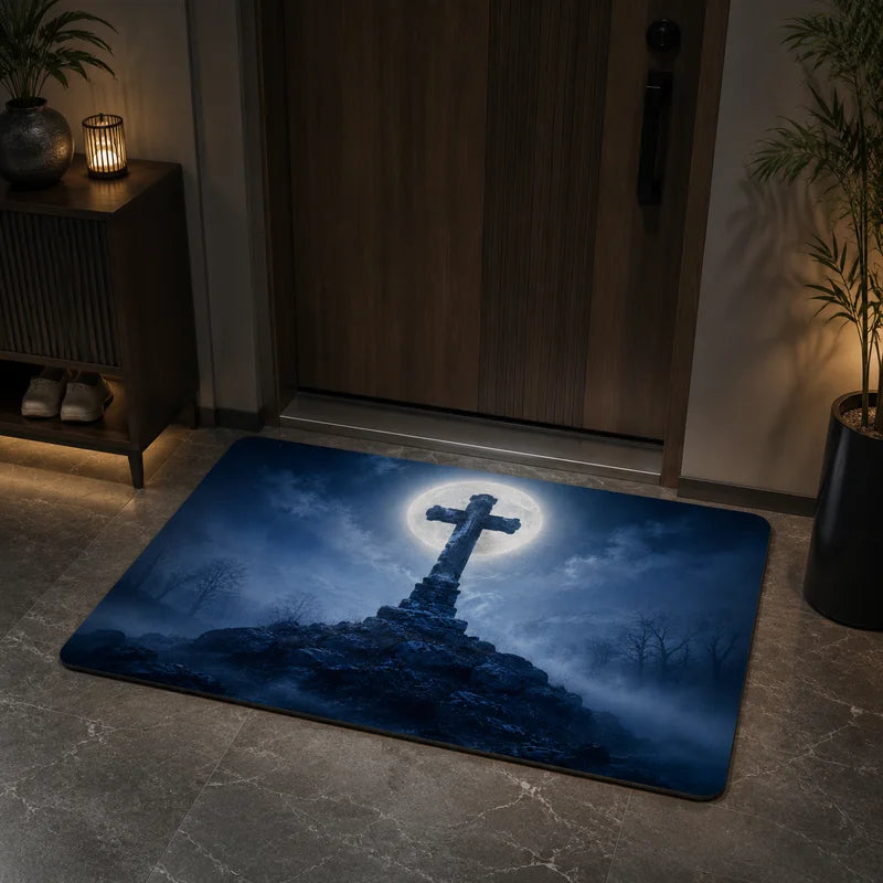 tapis d'entrée gothique croix corbeau noir violet rouge vert anti dérapant polyester résistant