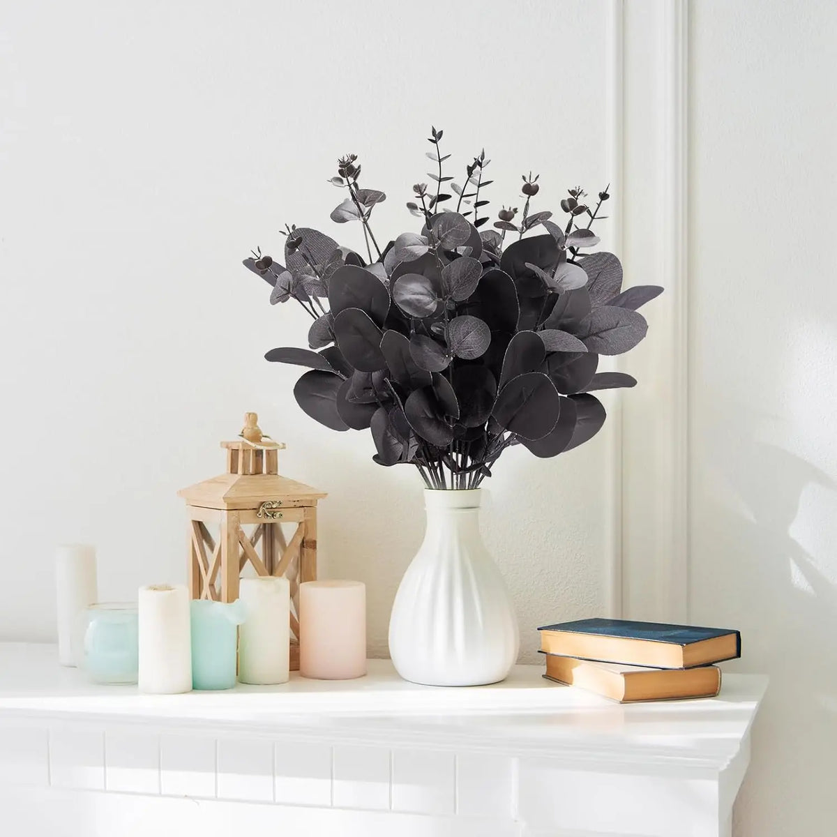 bouquet artificiel feuilles eucalyptus petites fleurs blanches vert blanc naturel minimaliste extérieur mariage halloween