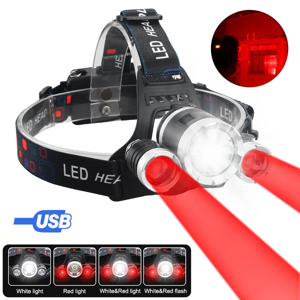 lampe frontale led noire rechargeable usb camping red verte blanche fixe ceinture