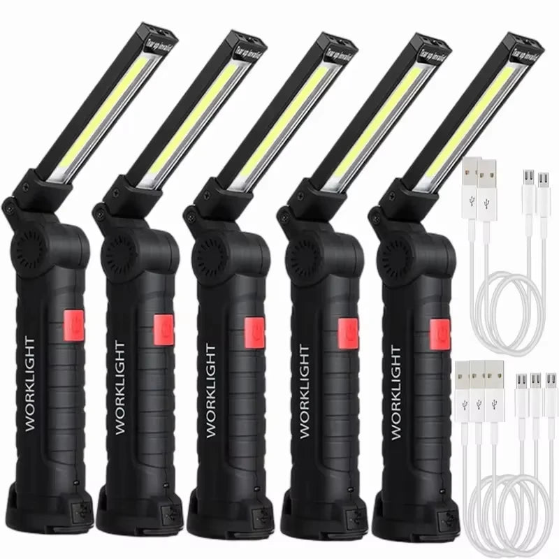 lampe travail rechargeable usb aimant noir lumiere led forte réglages luminosité camping auto défense