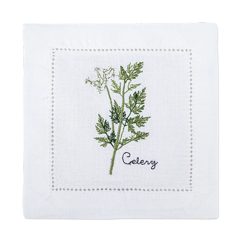 serviette cuisine lin blanc brodée motifs plantes aromatiques naturelle table élégante