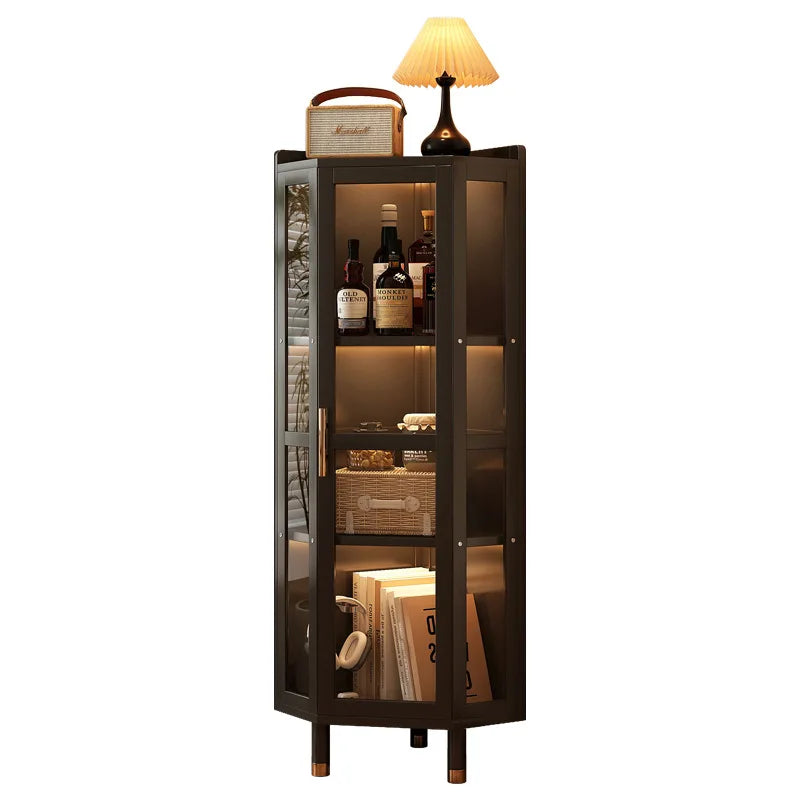 meuble d'angle noir étagères verre transparent moderne panneaux perforés objets décoratifs chambre salon