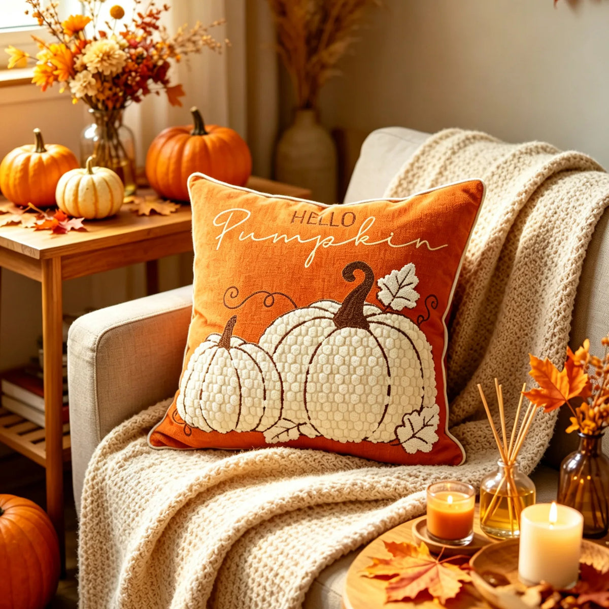 coussin orange beige citrouilles feuilles broderie 3d automnal zippé invisible décoratif atelier maison