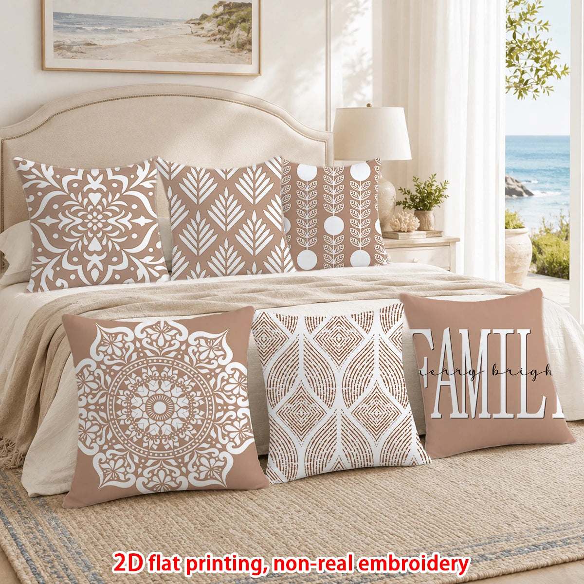 lot housses coussin décoratives motifs géométriques mandalas beige blanc moderne