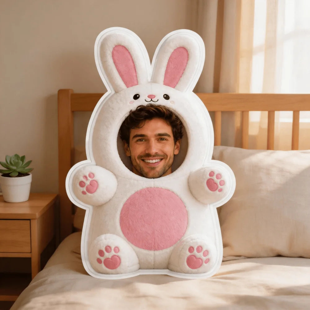 coussin personnalisable forme lapin blanc rose oreilles roses pattes roses sourire mignon moderne amovible